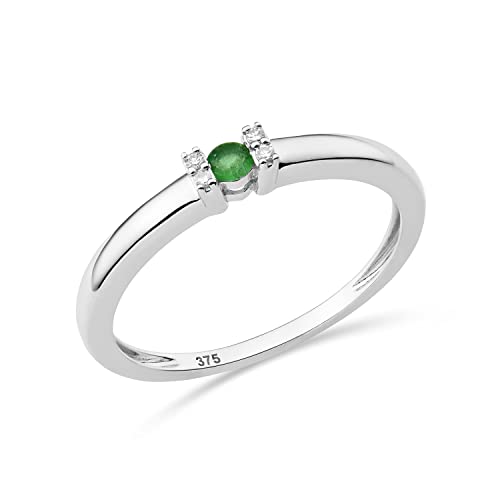 MIORE Schmuck Damen 0.02 Ct Diamant Verlobungsring mit Edelstein Geburtsstein natürlicher grüner Smaragd und 4 Diamanten Brillanten Ring aus Weißgold 9 Karat (375) Gold von MIORE