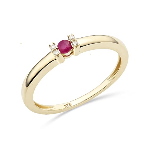 MIORE Schmuck Damen 0.02 Ct Diamant Verlobungsring mit Edelstein Geburtsstein natürlicher roter Rubin und 4 Diamanten Brillanten Ring aus Gelbgold 9 Karat (375) Gold von MIORE