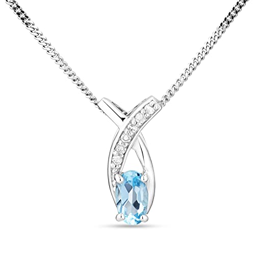 MIORE Schmuck Damen 0.03 Ct Diamant Halskette mit Kettenanhänger ovaler Edelstein Geburtsstein natürlicher blauer Topas umgeben von 6 Diamanten Brillanten Kette aus Weißgold 9 Karat 375, 45 cm lang von MIORE