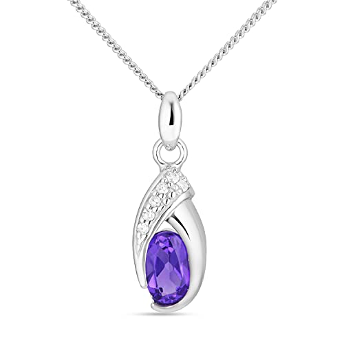 MIORE Schmuck Damen 0.03 Ct Diamant Halskette mit Kettenanhänger ovaler Edelstein Geburtsstein natürlicher lila Amethyst umgeben von 6 Diamanten Brillanten Kette aus Weißgold 9 Karat 375, 45 cm lang von MIORE