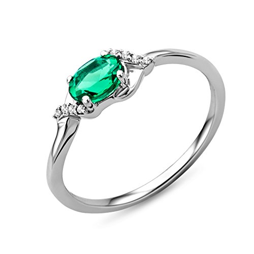 MIORE Schmuck Damen 0.03 Ct Diamant Verlobungsring mit Edelstein Geburtsstein grüner Smaragd und 8 Diamanten Brillante Diamantring aus Weißgold 9 Karat (375) Gold von MIORE