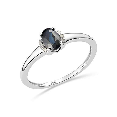 Miore Schmuck Damen 0.03 Ct Diamant Verlobungsring mit Edelstein Geburtsstein natürlicher ovaler blauer Saphir und 6 Diamanten Brillanten Ring aus Weißgold 9 Karat (375) Gold von MIORE