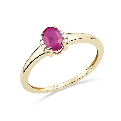 Miore Schmuck Damen 0.03 Ct Diamant Verlobungsring mit Edelstein Geburtsstein natürlicher ovaler roter Rubin und 6 Diamanten Brillanten Ring aus Gelbgold 9 Karat (375) Gold von MIORE