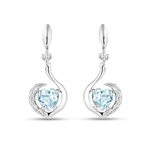 Miore Schmuck Damen 0.04 Ct Diamant Herz Ohrringe mit Edelstein Geburtsstein natürlicher himmelblauer herzschliff Topas umgeben von 8 Brillanten klassische Ohrhänger aus Weißgold 9 Karat (375) Gold von MIORE