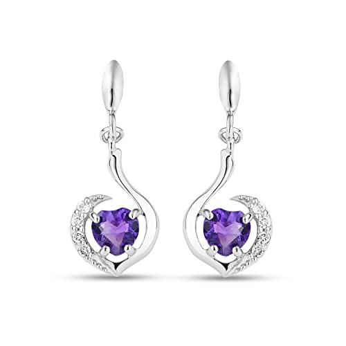 Miore Schmuck Damen 0.04 Ct Diamant Herz Ohrringe mit Edelstein Geburtsstein natürlicher lila herzschliff Amethyst umgeben von 8 Brillanten klassische Ohrhänger aus Weißgold 9 Karat (375) Gold von MIORE