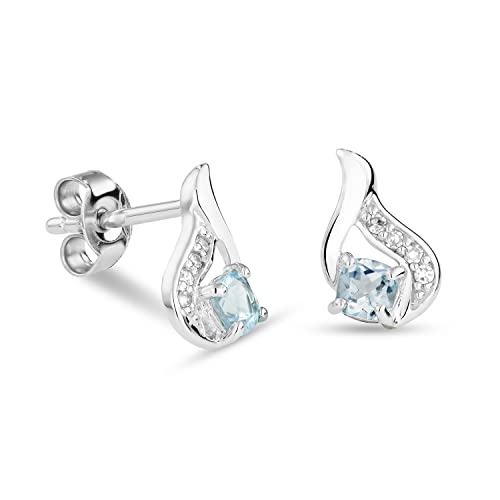 Miore Schmuck Damen 0.04 Ct Diamant Ohrringe mit Edelstein Geburtsstein natürlicher runder himmelblauer Topas umgeben von 8 Diamanten Brillanten moderne Ohrstecker aus Weißgold 9 Karat (375) Gold von MIORE