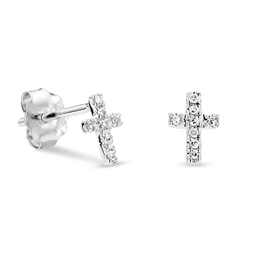 Miore Schmuck Damen 0.04 Ct Diamant Ohrstecker Kreuz mit 16 Diamanten brillanten Ohrringe aus Weißgold 9 Karat / 375 Gold von MIORE