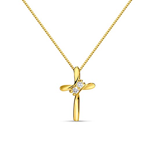 MIORE Schmuck Damen 0.05 Ct Diamant Halskette Kettenanhänger Kreuz mit Brillanten Kette aus Gelbgold 9 Karat/ 375 Gold von MIORE