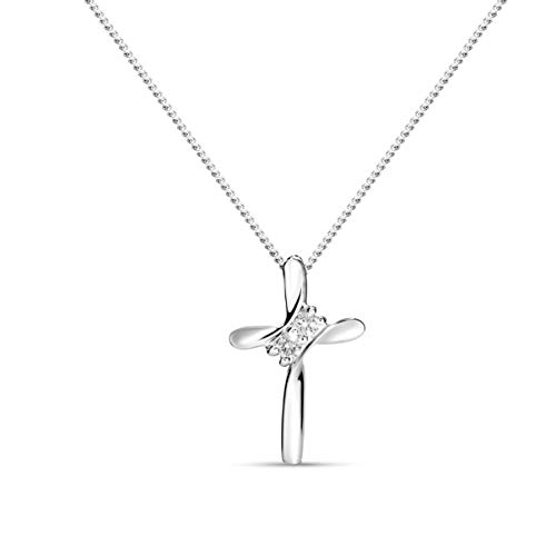 MIORE Schmuck Damen 0.05 Ct Diamant Halskette Kettenanhänger Kreuz mit Brillanten Kette aus Weißgold 9 Karat/ 375 Gold von MIORE