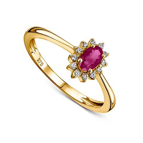 Miore Schmuck Damen 0.07 Ct Diamant Blume Verlobungsring mit Edelstein Geburtsstein natürlicher ovaler roter Rubin umgeben von 12 Diamanten Brillanten klassischer Ring aus Gelbgold 9 Karat 375 Gold von MIORE