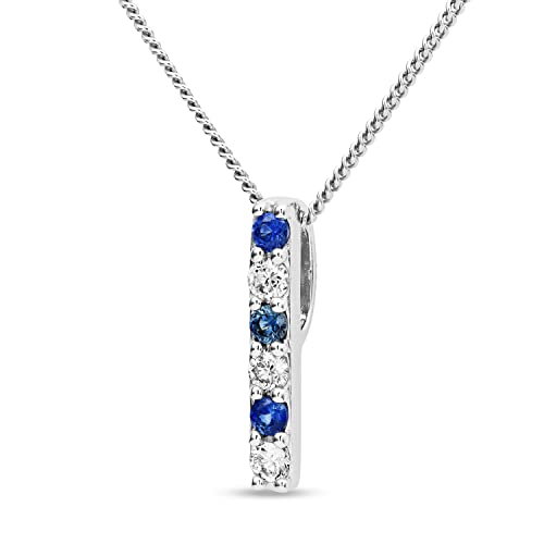 Miore Schmuck Damen 0.07 Ct Diamant Halskette mit Stab Kettenanhänger Edelstein Geburtsstein 3 natürliche runde blaue Saphire und 3 Diamanten Brillanten Kette aus Weißgold 9 Karat 375 Gold, 45 cm lang von MIORE