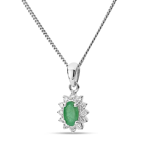 Miore Schmuck Damen 0.07 Ct Diamant Kette mit Anhänger Blume aus Edelstein Geburtsstein natürlicher ovaler grüner Smaragd mit 12 Brillanten klassische Kette aus Weißgold 9 Karat 375 Gold, 45 cm lang von MIORE