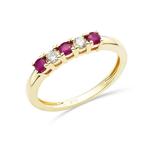 Miore Schmuck Damen 0.13 Ct Diamant Ewigkeitsring mit 3 Edelsteine/Geburtssteine natürliche rote Rubine und 2 Diamanten Brillanten Ring aus Gelbgold 9 Karat/ 375 Gold von MIORE