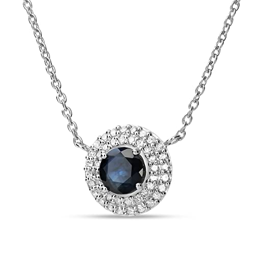 Miore Schmuck für Damen, Halskette mit Anhänger, Geburtsstein, rund, Saphir, blau, natürlich, umgeben von 44 glänzenden Diamanten, 0,17 Karat, aus 9 Karat (375) Weißgold (375), Kette 45 cm, Gold, von MIORE