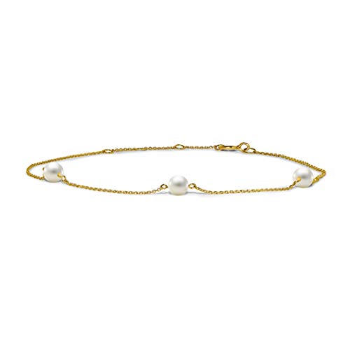 MIORE Schmuck Damen Armband mit 3 weiße runde Süßwasserperlen 4.5 mm Armkette aus Gelbgold 14 Karat / 585 Gold, Länge Einstellbar 18-21cm von MIORE