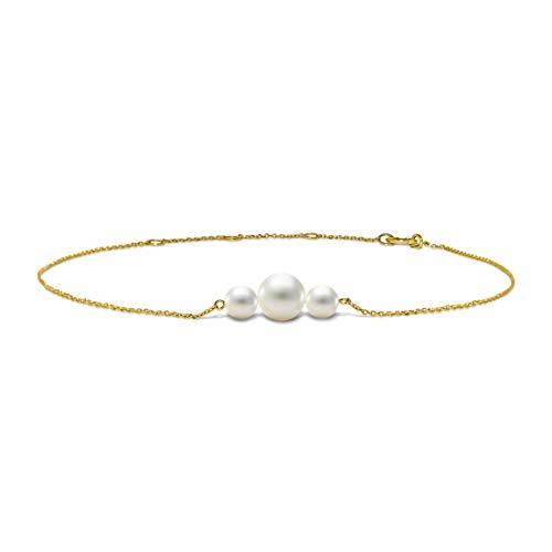 Miore Schmuck Damen Armband mit 3 weiße runde Süßwasserperlen 6.5 mm Armkette aus Gelbgold 14 Karat / 585 Gold, Länge Einstellbar 18-22cm von MIORE