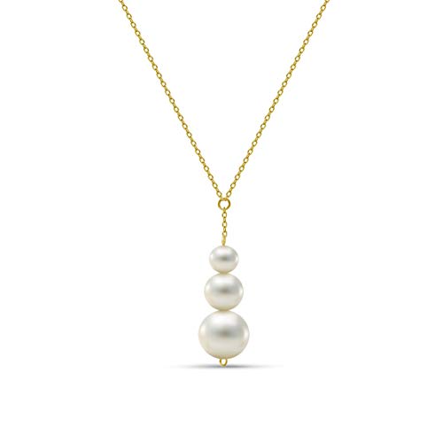 Miore Schmuck Damen Halskette mit Kettenanhänger 3 runde weiße Süßwasserperlen 7.5 mm Kette aus Gelbgold 14 Karat / 585 Gold, Länge Einstellbar 42-45cm von MIORE