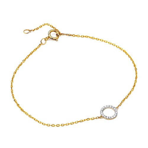 Miore Schmuck für Damen Armband mit 0,06 Ct Diamant Anhänger diamantierter Kreis umgeben von 18 Diamanten Brillanten klassische Anker ArmKette aus Gelbgold 9 Karat 375 Gold, Länge 16-18 cm verstellbar von MIORE