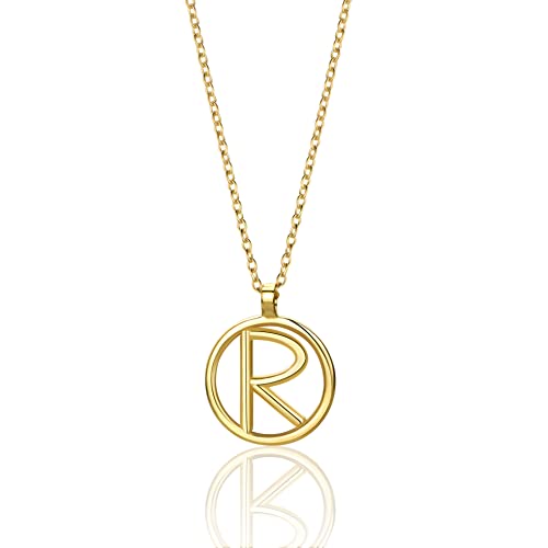 MIORE Schmuck für Damen Personalisierte Kreis Halskette mit Initialen Collier Halskette Mit Buchstabe R Anhänger klassische Anker Kette aus Gelbgold 9 Karat 375 Gold, Länge 40-42 cm verstellbar von MIORE