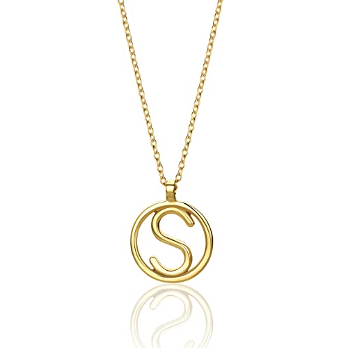 MIORE Schmuck für Damen Personalisierte Kreis Halskette mit Initialen Collier Halskette Mit Buchstabe S Anhänger klassische Anker Kette aus Gelbgold 9 Karat 375 Gold, Länge 40-42 cm verstellbar von MIORE