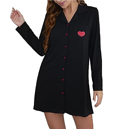 MIOTEQ Nachthemden für Frauen Button-Down-Nachthemd Langarm-Schlafhemd Weiches Pyjamakleid,Schwarz,M von MIOTEQ