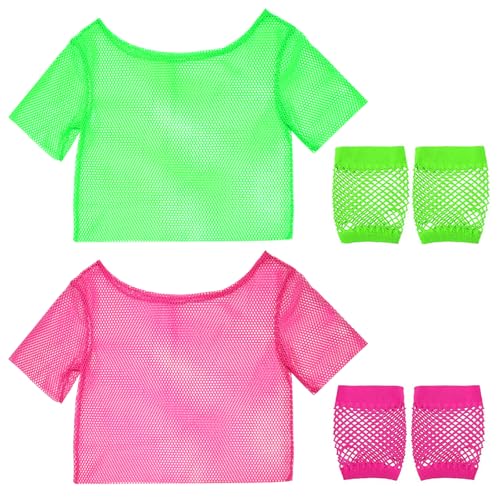 MIPIACE 80er 90er Jahre Outfit Damen 2Stück Off Shoulder Netzshirt 80er Jahre Kleidung Damen Set mit 2Paar Handschuhe Neon Party Outfit Kostüm Mottoparty Netzoberteil für Party（Je 1 Grün und Rosenrot） von MIPIACE
