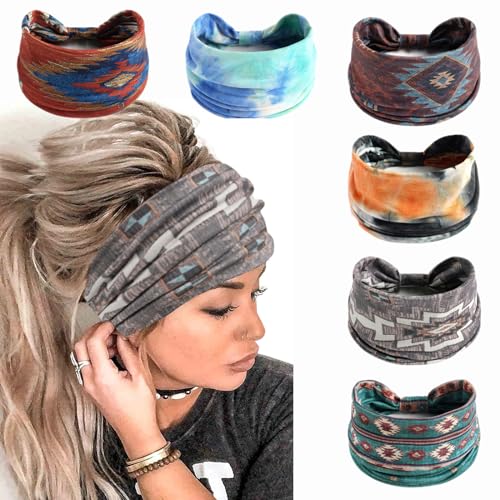 6 Stück Stirnbänder für Frauen Haar UK Kopftücher Breite Weiche Damen Stirnband Boho Mode Bandanas Knoten Erwachsene Haarbänder Elastische Sport Laufen Yoga Kopf Wraps (P6Boho2A) von MIQIQAO