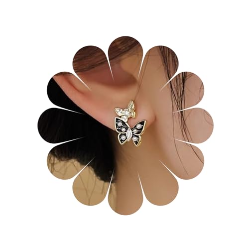 Boho Schmetterling Ohrstecker Vintage Emaille Schmetterling Ohrstecker Mode große Perle Tropfen Ohrringe Schmuck für Frauen und Mädchen (Black) von MIQIQAO