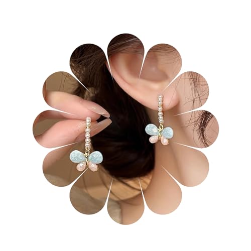 Boho Schmetterling Ohrstecker Vintage Emaille Schmetterling Ohrstecker Mode große Perle Tropfen Ohrringe Schmuck für Frauen und Mädchen (BluePink) von MIQIQAO