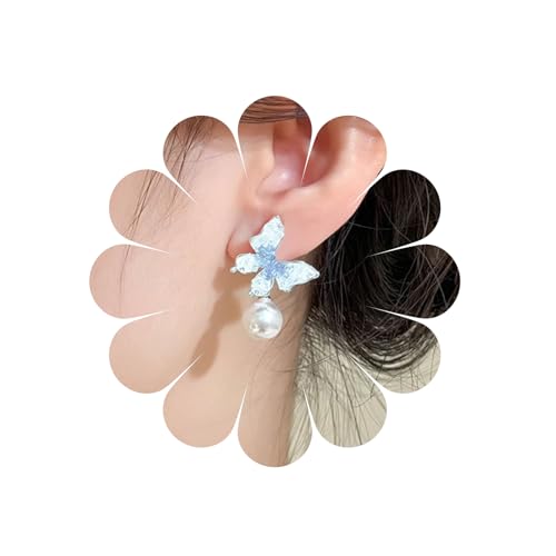 Boho Schmetterling Ohrstecker Vintage Emaille Schmetterling Ohrstecker Mode große Perle Tropfen Ohrringe Schmuck für Frauen und Mädchen (LightBlue) von MIQIQAO
