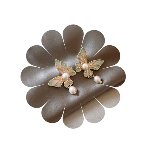Boho Schmetterling Ohrstecker Vintage Emaille Schmetterling Ohrstecker Mode große Perle Tropfen Ohrringe Schmuck für Frauen und Mädchen (LightGreen) von MIQIQAO