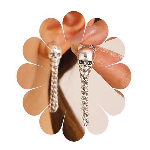 Boho Silber Totenkopf Ohrringe Silber Totenkopf Filigran Kette Ohrringe Skelett Ohrstecker Kostüm Party Übertreibung Zubehör Vintage Totenkopf Quaste Ohrringe Schmuck für Frauen und Mädchen von MIQIQAO