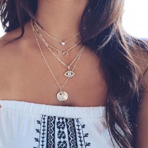 Layered Choker Halsketten Gold Kette mit Kristall Anhänger Trendy Halsketten Schmuck Geschenke für Frauen und Mädchen Diamant Choker Evil Eye Anhänger von MIQIQAO