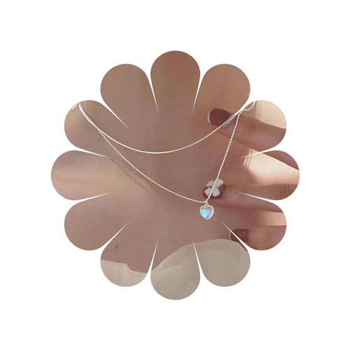 MIQIQAO Boho Silber Layered Small Heart Anhänger Halskette Silber Skinny Chain Choker Halskette Mehrschichtige Clavicle Chain Opal Herz Halskette Doppelkette Halskette Schmuck für Frauen und Mädchen von MIQIQAO