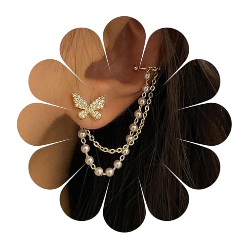 Vintage-Schmetterlingsohrringe aus goldenem Kristall. Lange baumelnde Schmetterlingsohrringe mit Perlen-Ohrmanschettenanhänger. Baumelnde Ohrringe, Schmuck für Frauen und Mädchen. von MIQIQAO