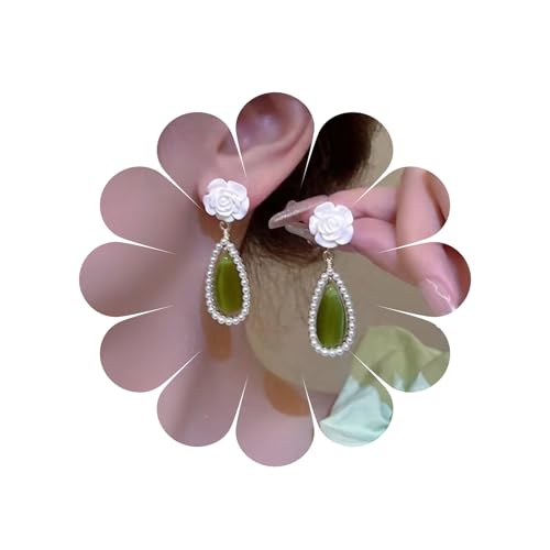 Vintage Statement Ohrringe Weiße Blume Ohrstecker Grüne Wassertropfen Huggie Winzige Perlen Ohrringe Funkelnde Blumen Tropfen Ohrringe Braut Blume Ohrringe Schmuck für Frauen und Mädchen von MIQIQAO