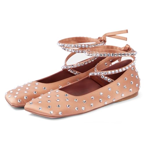 MIRAAZZURRA Ballerinas Damen Ballet Flats Riemchenballerinas mit Strasssteine Quadratische Zehe Ballerinas für Freizeit Fashion Casual Business Arbeit Nude 36EU von MIRAAZZURRA