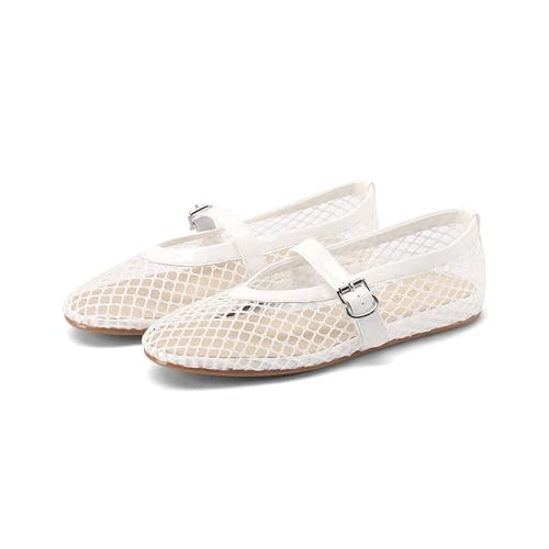 MIRAAZZURRA Ballerinas Flach für Damen Netz Ballerina Schuhe Sommer Fischnetz Flache Sandalen mit Verstellbarer Schnallenrieme Weiß 41EU MIRAAZZURRA Ballerinas Flach für Damen Netz Ballerina Schuhe Sommer Fischnetz Flache Sandalen mit Verstellbarer Schnallenrieme Weiß 41EU von MIRAAZZURRA