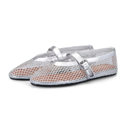 MIRAAZZURRA Ballerinas Flach für Damen Netz Ballerina Schuhe Sommer Fischnetz Flache Sandalen mit Verstellbarer Schnallenriemen Silber 39EU von MIRAAZZURRA