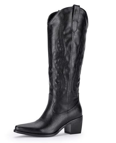 MIRAAZZURRA Cowboy Stiefel Damen Westernstiefel Spitze Zehe Stickerei Cowgirl Stiefel Block Weitschaftstiefel Kniehohe Boots Schwarz EU 36 von MIRAAZZURRA