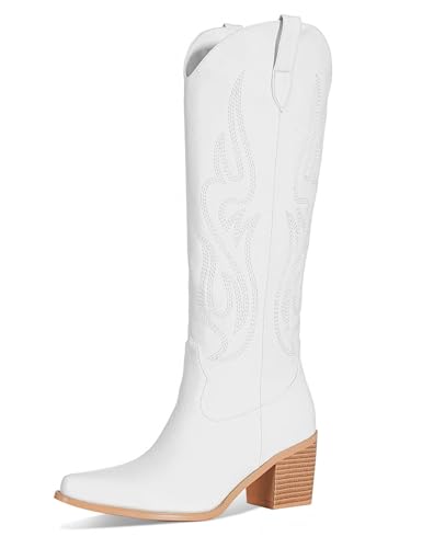 MIRAAZZURRA Cowboy Stiefel Damen Westernstiefel Spitze Zehe Stickerei Cowgirl Stiefel Block Weitschaftstiefel Kniehohe Boots Weiß EU 38 MIRAAZZURRA Cowboy Stiefel Damen Westernstiefel Spitze Zehe Stickerei Cowgirl Stiefel Block Weitschaftstiefel Kniehohe Boots Weiß EU 38 von MIRAAZZURRA
