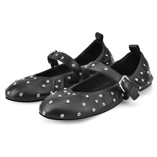 MIRAAZZURRA Damen Ballerinas Strass Mary Jane Flach Schwarz Rounde Zehen Schnalle Riemen Weiche Schuhe für Freizeit Arbeit Schwarz 35 von MIRAAZZURRA