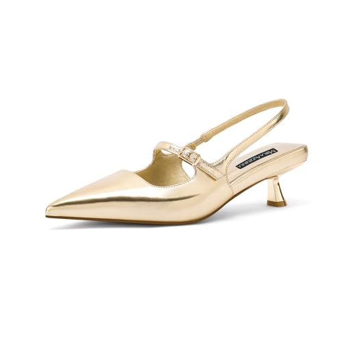 MIRAAZZURRA Damen Kitten Heel Slingbacks Spitze Zehen Pumps Niedriger Absatz Slip On Kleiderschuhe mit Schnallenriemen für Dating Party Arbeiten Gold 36 von MIRAAZZURRA