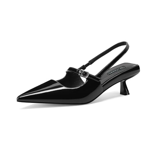 MIRAAZZURRA Damen Kitten Heel Slingbacks Spitze Zehen Pumps Niedriger Absatz Slip On Kleiderschuhe mit Schnallenriemen für Dating Party Arbeiten Schwarz 36 von MIRAAZZURRA