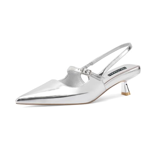 MIRAAZZURRA Damen Kitten Heel Slingbacks Spitze Zehen Pumps Niedriger Absatz Slip On Kleiderschuhe mit Schnallenriemen für Dating Party Arbeiten Silber 39 von MIRAAZZURRA