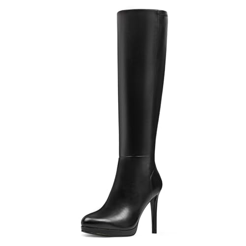 MIRAAZZURRA Damen Kniehohe Stiefel Plateau Stiletto High Heel Runde Zehenstiefel für Frauen mit seitlichem Reißverschluss Schwarz EU 35 von MIRAAZZURRA