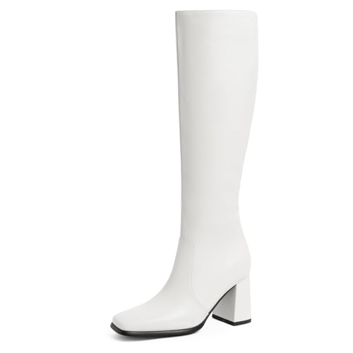 MIRAAZZURRA Stiefel Damen Klobig Hohe Stiefel Square Toe Chunky High Heel Boots Damenstiefel mit Absatz für Frauen Weiß 36EU von MIRAAZZURRA