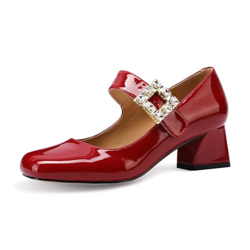 MIRAAZZURRA Damen Mary Janes Pumps mit quadratischem Zehenbereich klobigem hohen Absatz Riemen mit Strassschnalle Rot EU 43 von MIRAAZZURRA