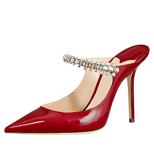 MIRAAZZURRA Damen Pantoletten mit Absatz, Strass, Riemchen, spitzer Zehenbereich, Pantoletten, Stiletto, High Heels, Slipper, Brautsandalen für Frauen, Rot (Rot 10 cm), 37.5 EU von MIRAAZZURRA