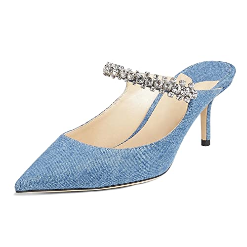 MIRAAZZURRA Damen Pantoletten mit Absatz, Strass, Riemen, spitze Zehenpartie, Stiletto, High Heels, Schlupfsandalen für Damen, Denimblau, 6,5 cm, 38 EU von MIRAAZZURRA